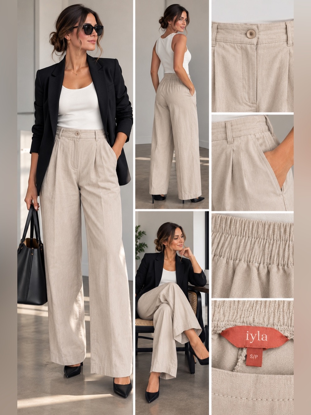 Iyla Women's Wide-Leg High-Rise Pants in Beige